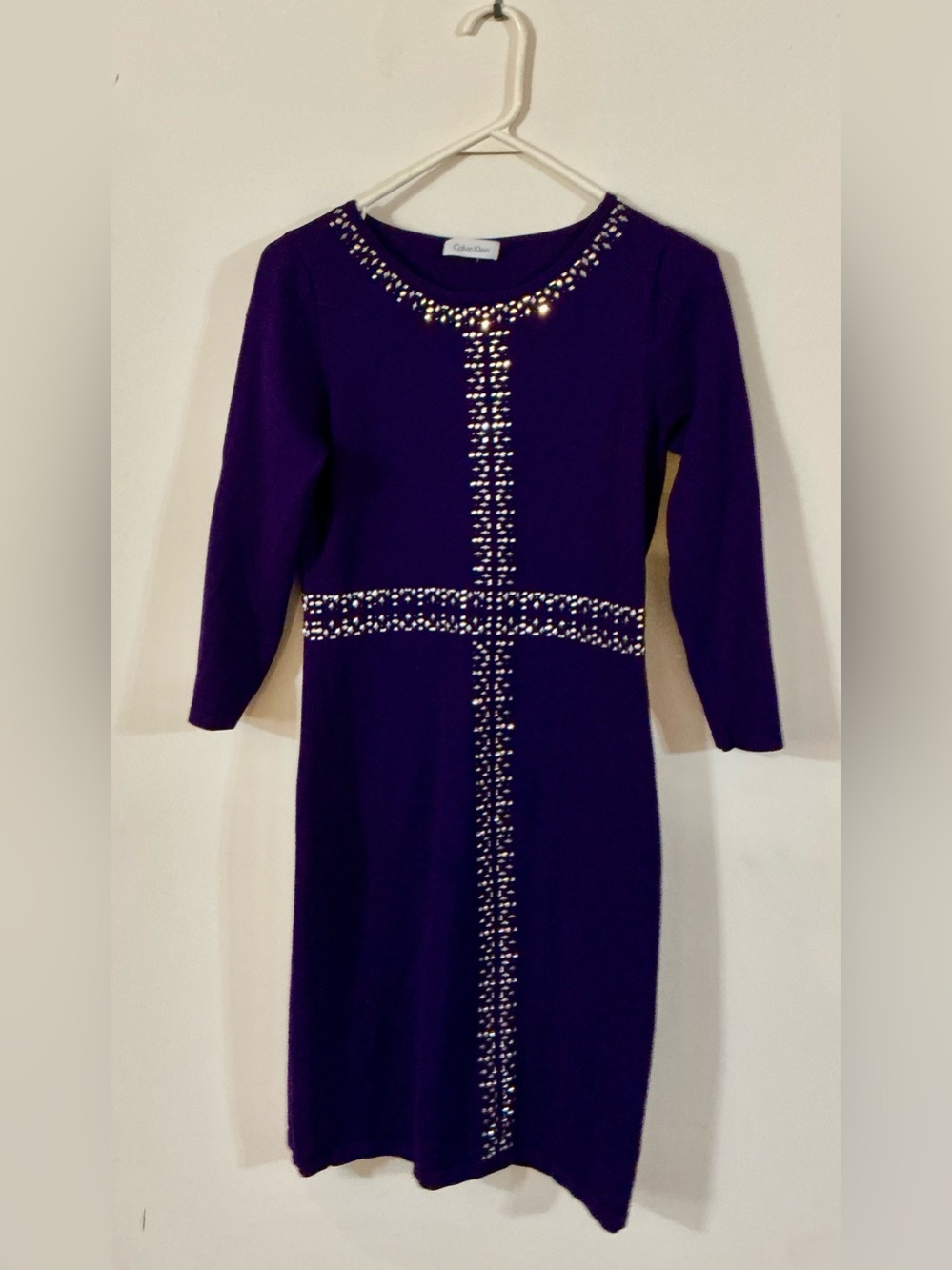 Calvin Klein Deep Purple Crystal-Trim Long Sleeve Sheath Dress
